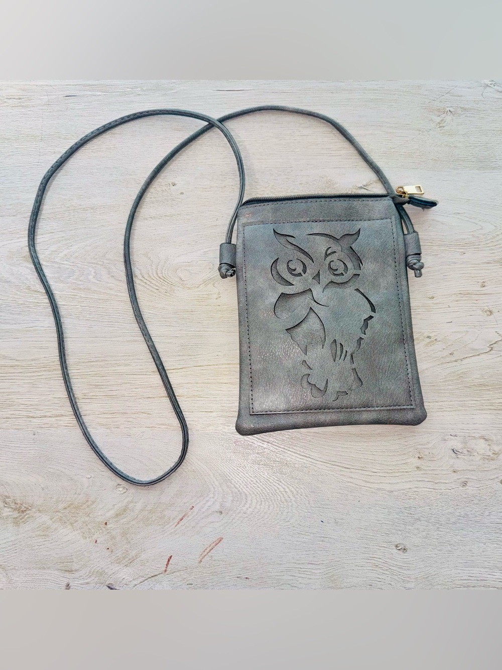 Memories brand Gray Owl Cutout Crossbody Phone Pouch on back